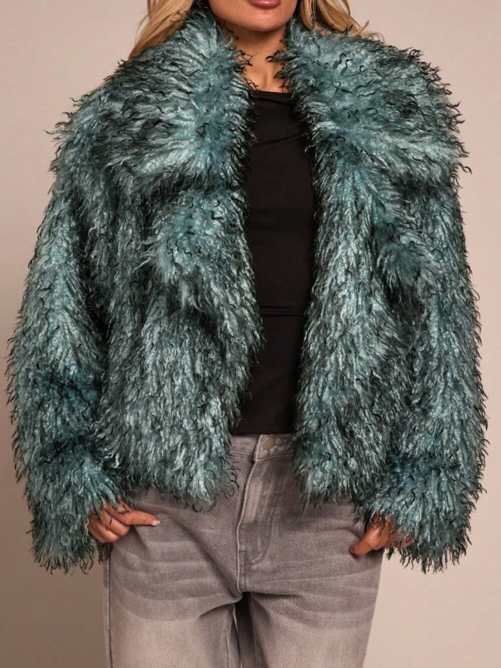 Green Casual Women's Loose Faux Fur Cardigan